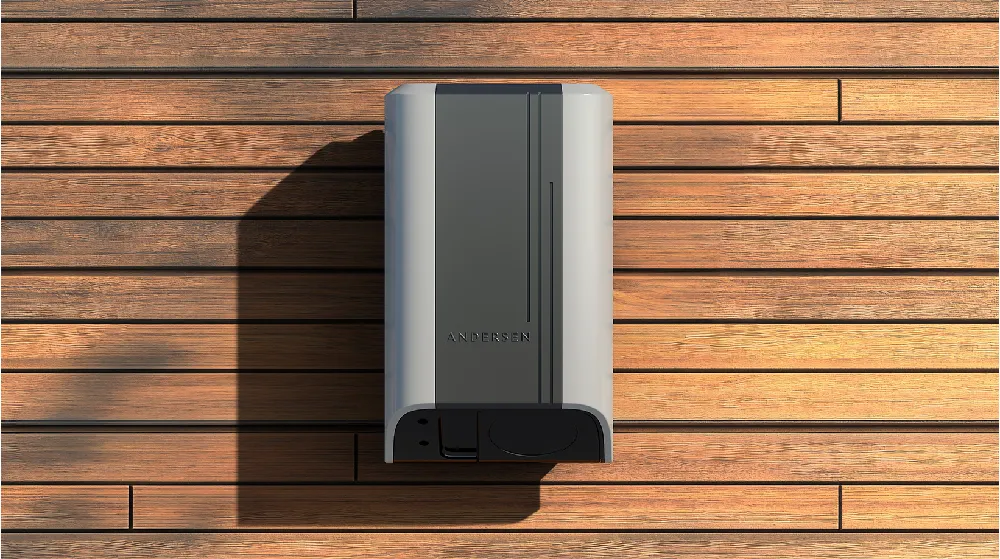 Andersen Quartz EV charger mounted on timber cladding with sleek minimalist design